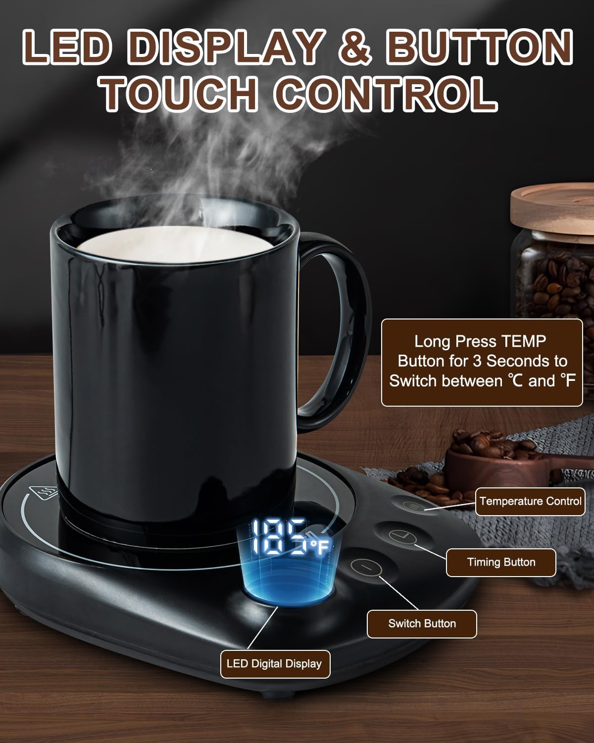 MYMULIKE Mug Warmer, Coffee Mug Warmer for Desk with 4 Temperature Settings (55℃/65℃/75℃/85℃), Coffee Warmer with Auto Shut Off, 1-12 Hour Timer, Desk Accessories for Office/Home