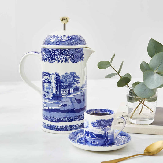 Spode Blue Italian French Press | 28-Ounce Capacity | Espresso, Coffee, and Tea Maker | Porcelain Cafetiere | Stainless Steel Plunger | Dishwasher Safe (Blue/White)