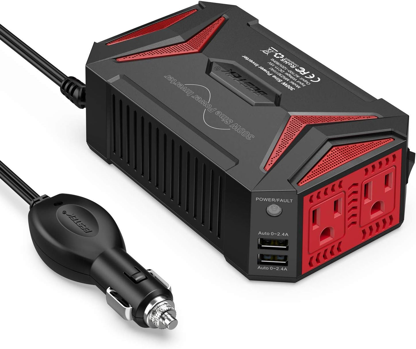 BESTEK Power Inverter DC 12V to AC 110V - 300W Car Plug Adapter Outlet with 4.8A Dual USB Fast Charging Port - Car Charger Cigarette Lighter Adapter for Phone, Laptop on Road Trip - Aluminum Housing