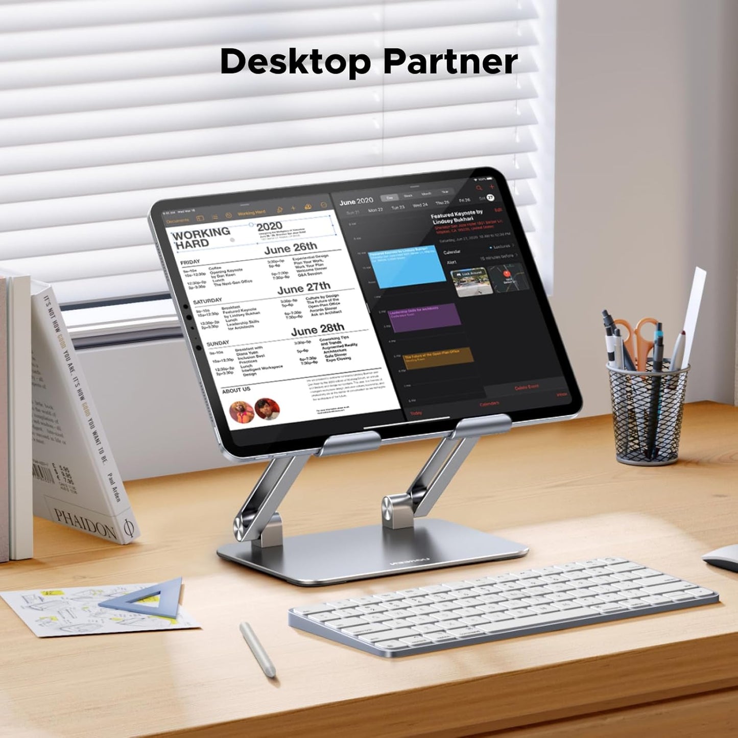 UGREEN Tablet Stand Holder for Desk, Aluminum Desktop Tablet Holder Dock Adjustable Foldable Riser Compatible with iPad Pro 12.9, 9.7, 10.5, iPad Air, iPad mini, Surface Pro, Galaxy Tab, Silver