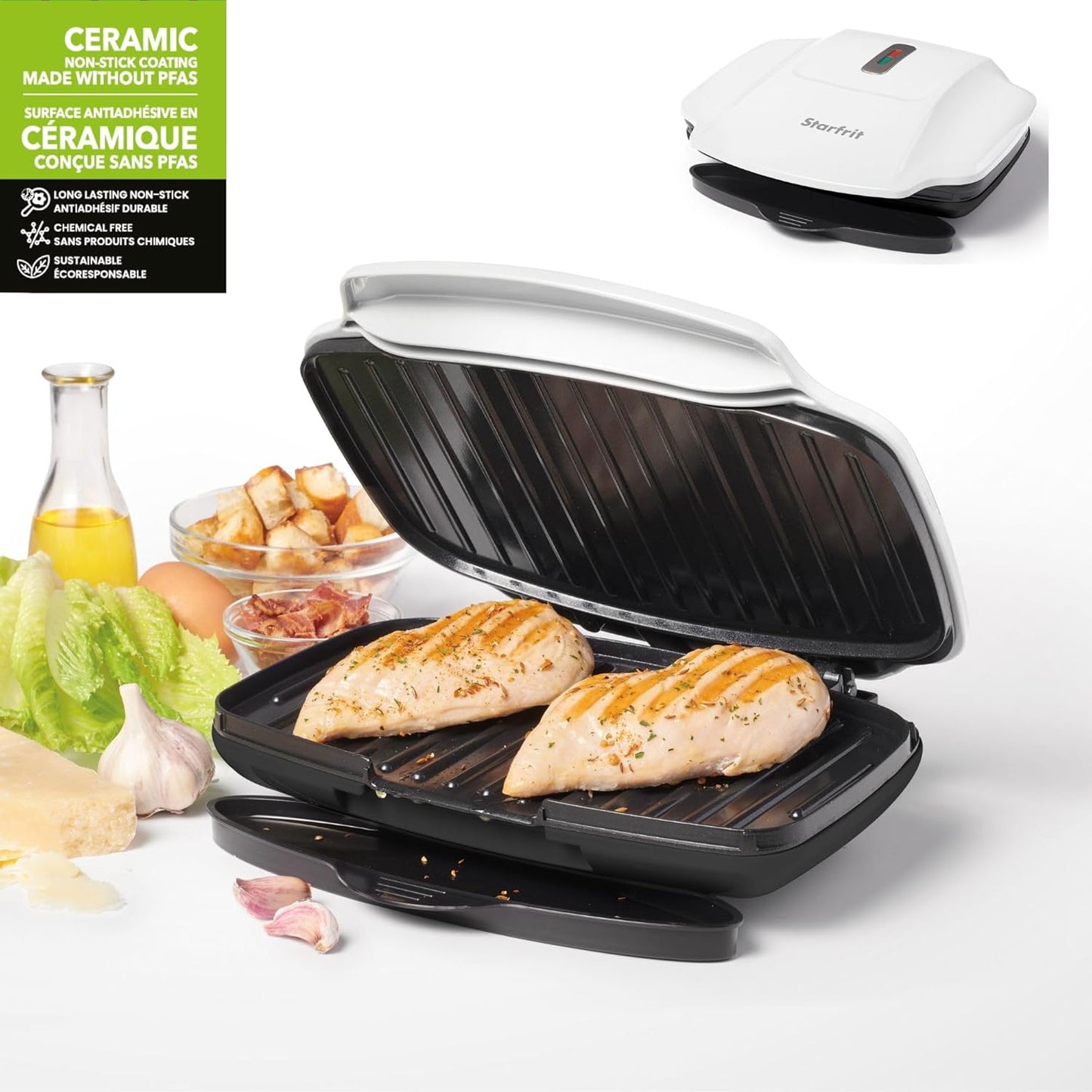 Starfrit Grill And Panini Press With Ceramic Coating - Non-Stick Coating - Removable Fat And Oil Collection - White
