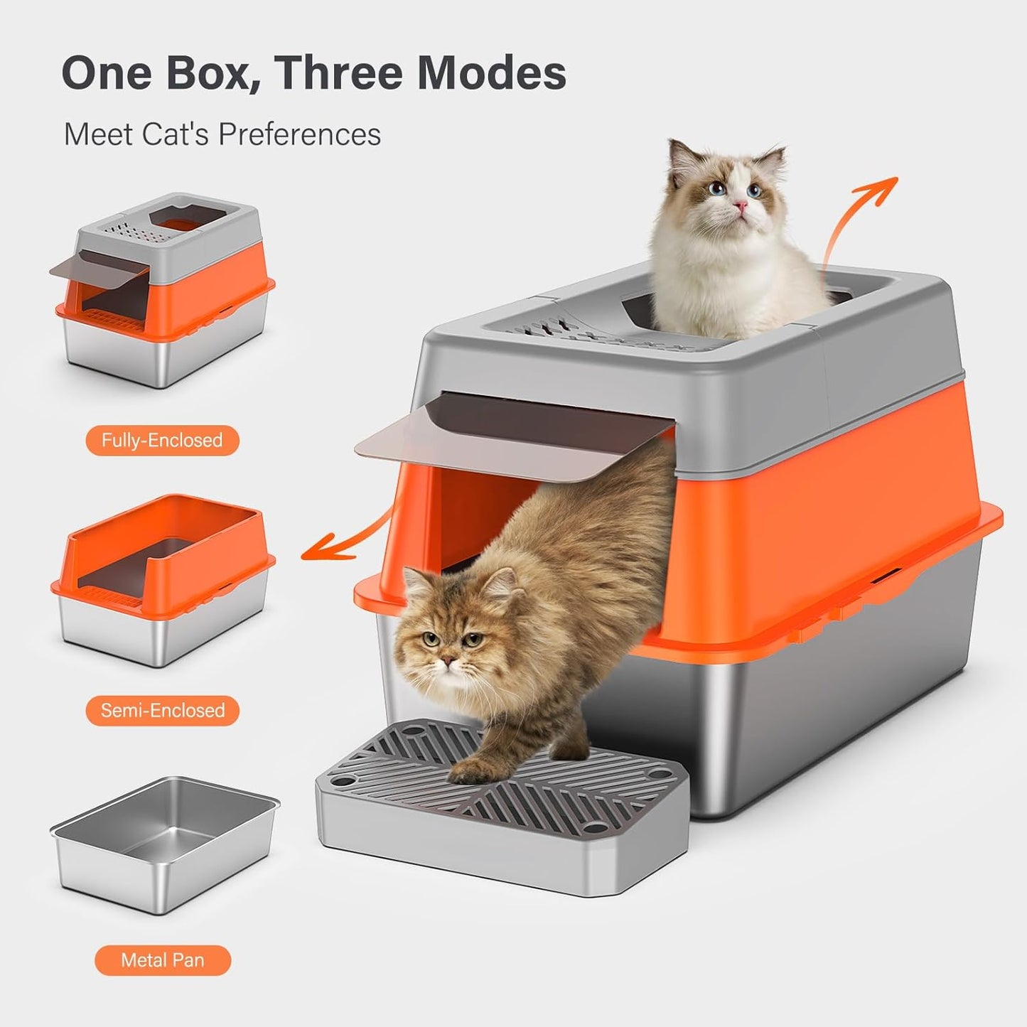 Stainless Steel Litter Box with Lid, XL Extra Large Enclosed Cat Litter Box for Big Cats 110° Flip Cover, Top Entry Metal High Sided Litter Box & Pedal & Scoop, Anti-Leakage (Grey)