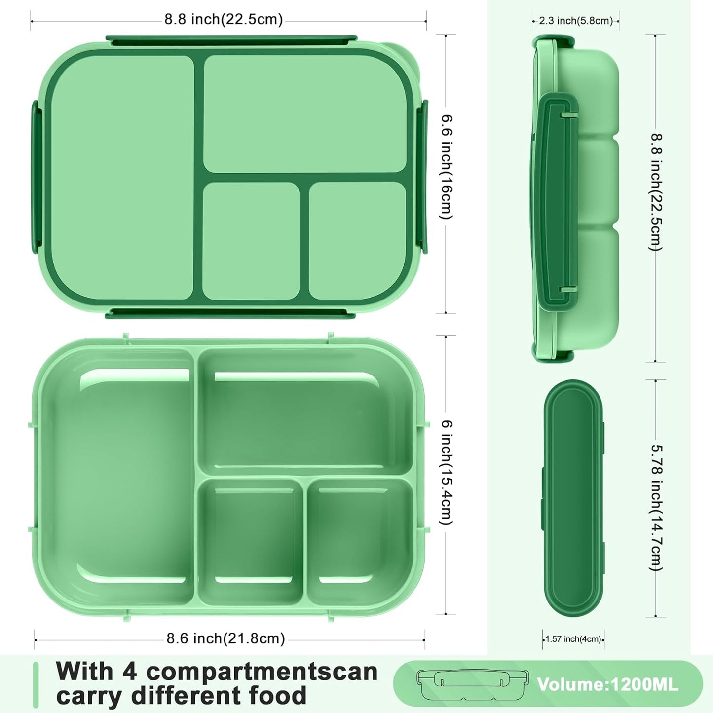 Amathley Lunch Box Kids,Bento Box Adult Lunch Box,Leakproof Lunch Containers for Adults/Kids/Toddler,1200ML-4 Compartments bento Lunch box with Utensil,Microwave & Dishwasher Safe(Dark Gray)