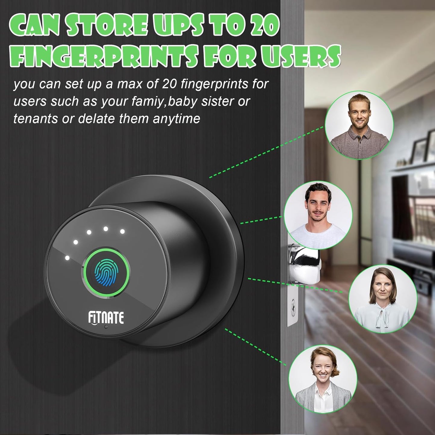 FITNATE Fingerprint Door Knob, Smart Biometric Door Lock with App Control, Keyless Entry Door Knob with Bluetooth Digital Code, Touch to Open Knob for Bedroom,Home,Hotel,Office, Black