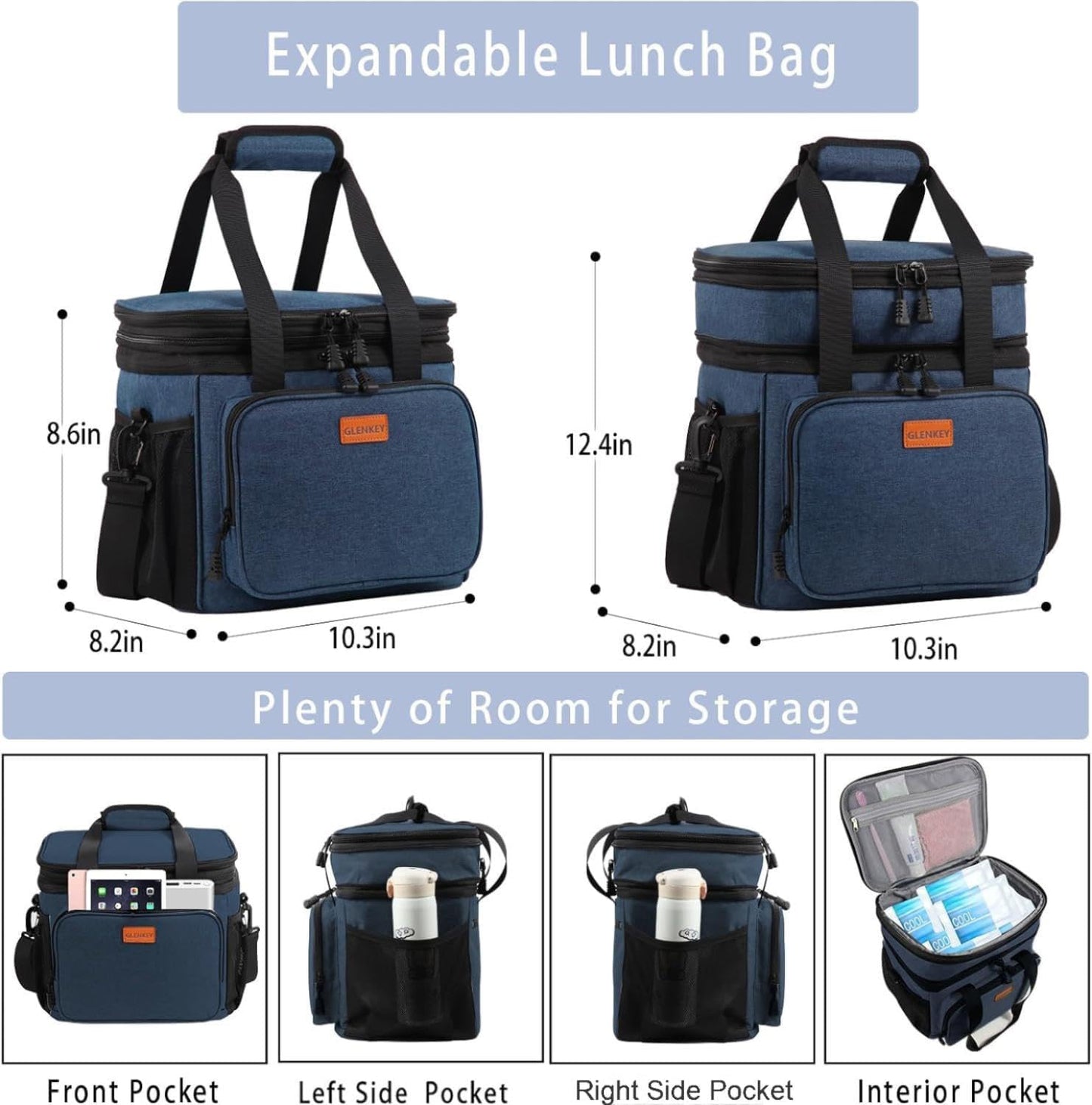 Expandable Large Lunch Bag, Double Deck Insulated Lunch Box Leakproof Durable Soft Cooler Bag for Men Women Adults Work Construction Beach Picnic Daytrip,16L,Black, GLENKEY