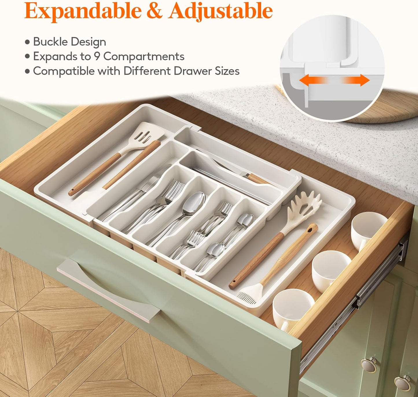Lifewit Cutlery Organizer, Expandable Utensil Organizer for Kitchen, Utensil Holder, Adjustable Cutlery Rack Organizer for Spoons, Knives, Kitchen Organizers and Storage, Black