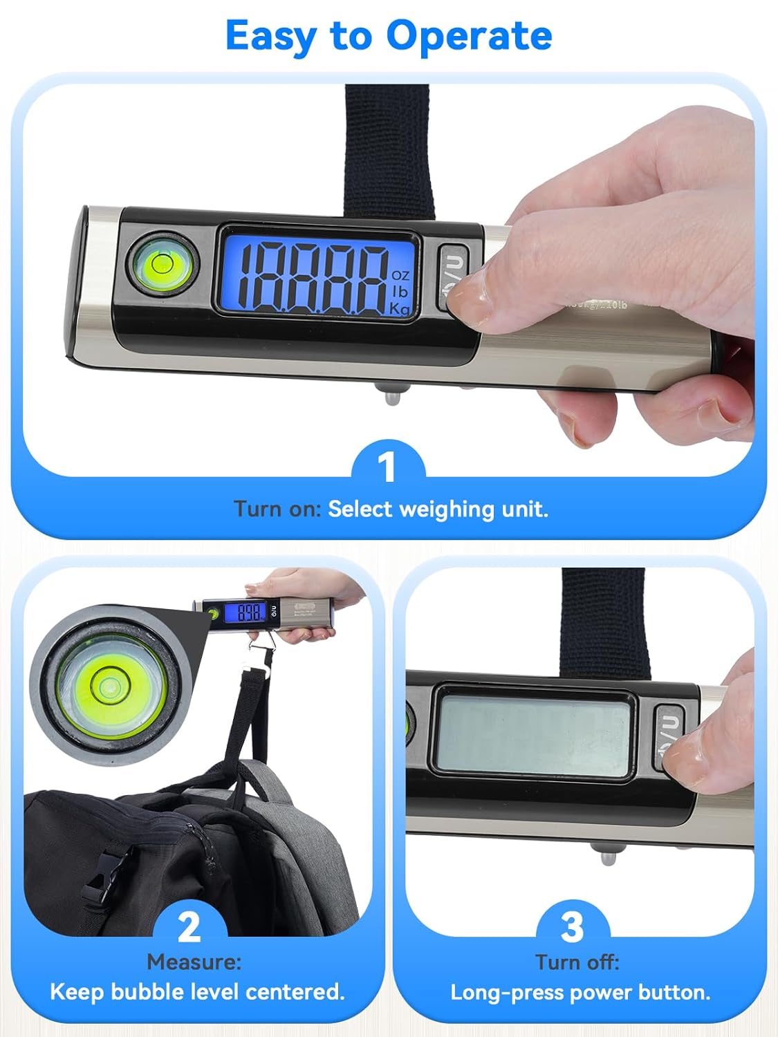Luggage Scale, Dr.meter Digital Hanging Weight Scale with Tape Ruler, Portable Suitcase Scale 110lb/50kg Backlight LCD Display Electronic Scale Travel Essentials Traveler Gifts, Overload Alarm-Silver - PuriLite