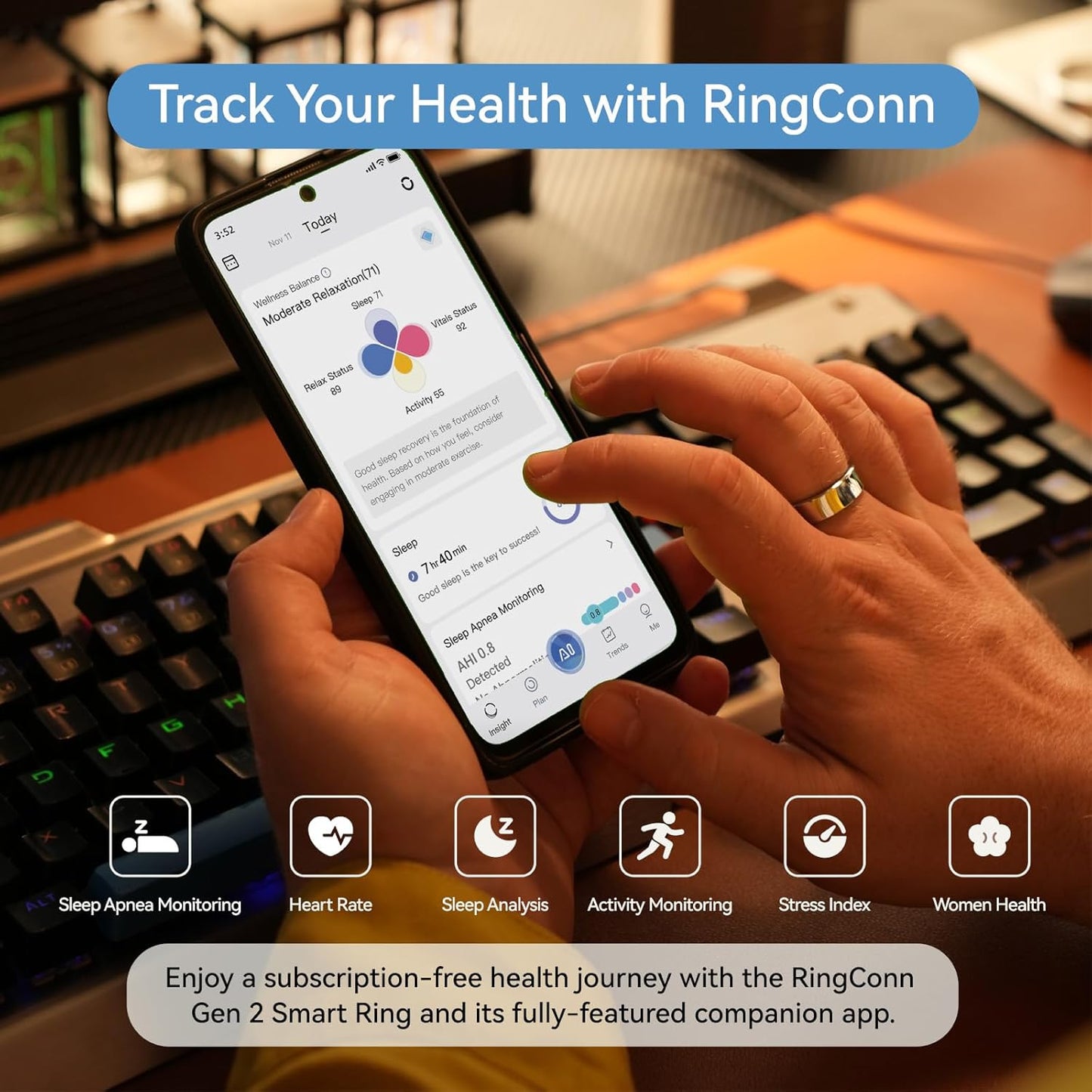 RingConn Gen 2 Smart Ring, No App Subscription, Size First with Sizing Kit, 12-Day Battery Life, Stress/Women's Health Tracker, Compatible with Android & iOS (Black, Size 8)
