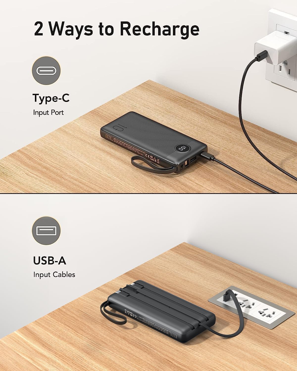 VEEKTOMX Power Bank with Built-in Cables 10000mAh Portable Charger for iPhone Slim Fast Charge USB C Battery Pack Travel Essentials Powerbank Compatible with iPhone, Samsung, Android, etc
