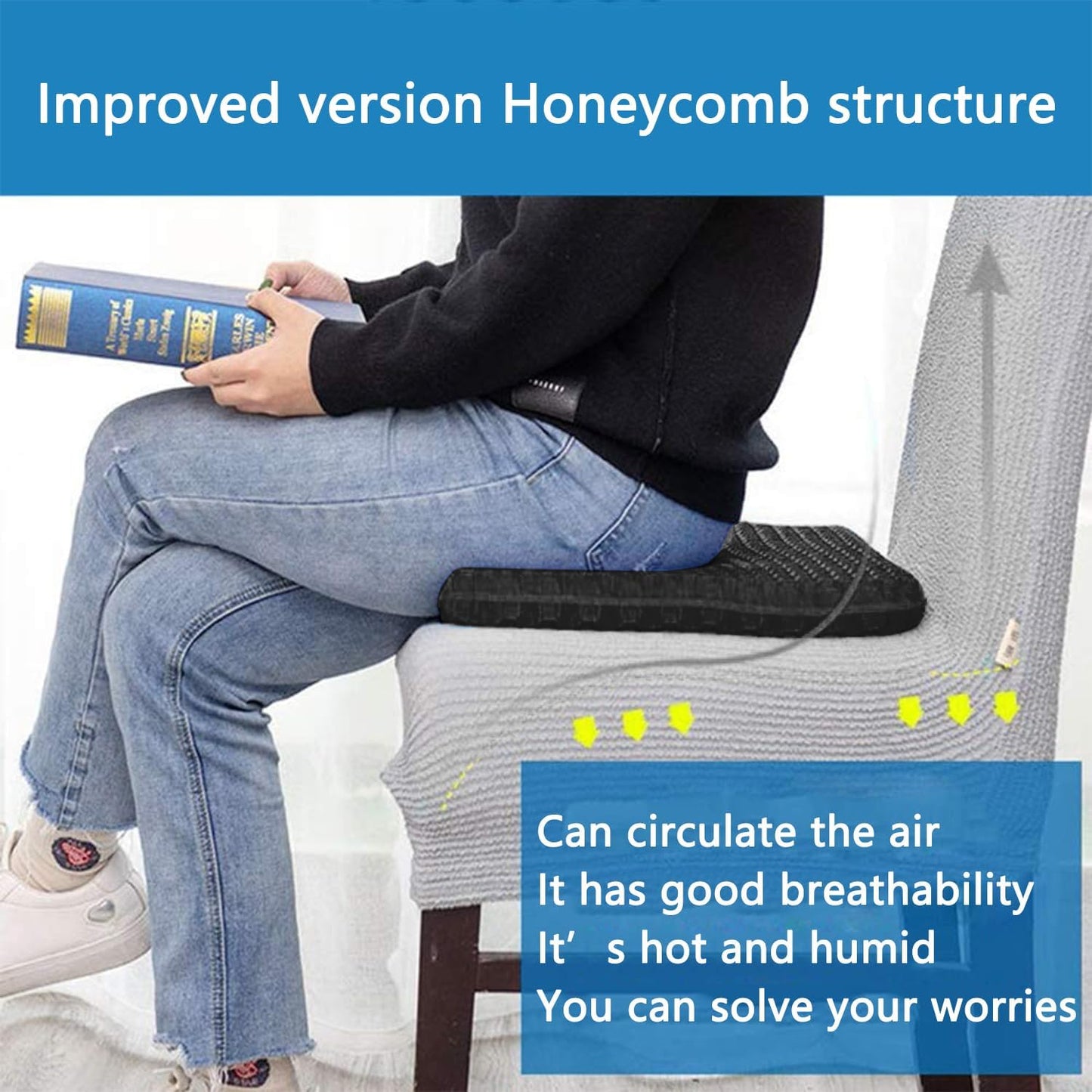 Gel Seat Cushion -for Long Sitting, Double Layer Breathable Honeycomb Chair Cushion with Non-Slip Cover for Help Relieve Pain, for Office Chair, Cars, Long Trips,Durable,Portable