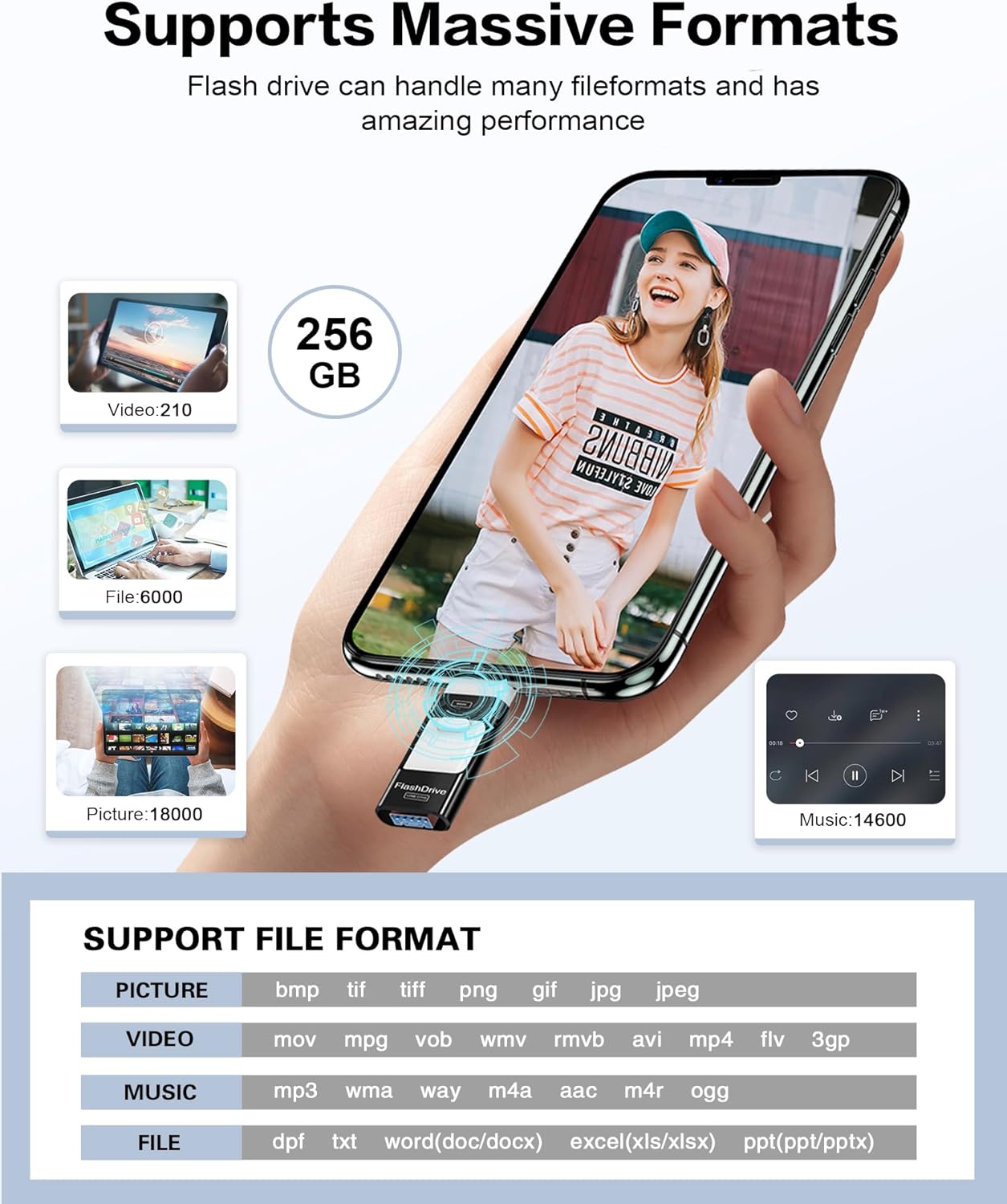 256GB Flash Drive for iPhone Photo Stick, Thumb Drive USB Stick High Speed Transfer USB Drives External Picture Video Storage Memory Expansion for iPhone/iPad/PC (Blue)