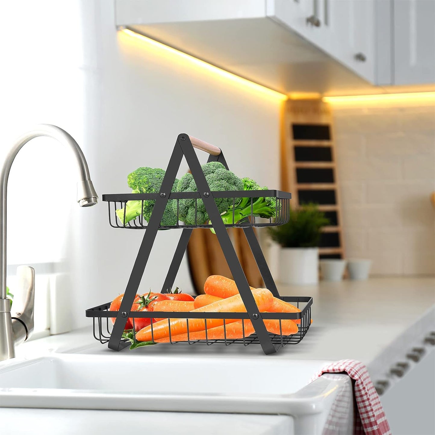 2 Tier Countertop Fruit Basket,Portable Fruit Bowle Basket for Kitchen Organizer Storage & Dining Room Fruits Vegetable Bread Snacks,MAHUEEOL Detachable Metal Rectangle Basket Storage