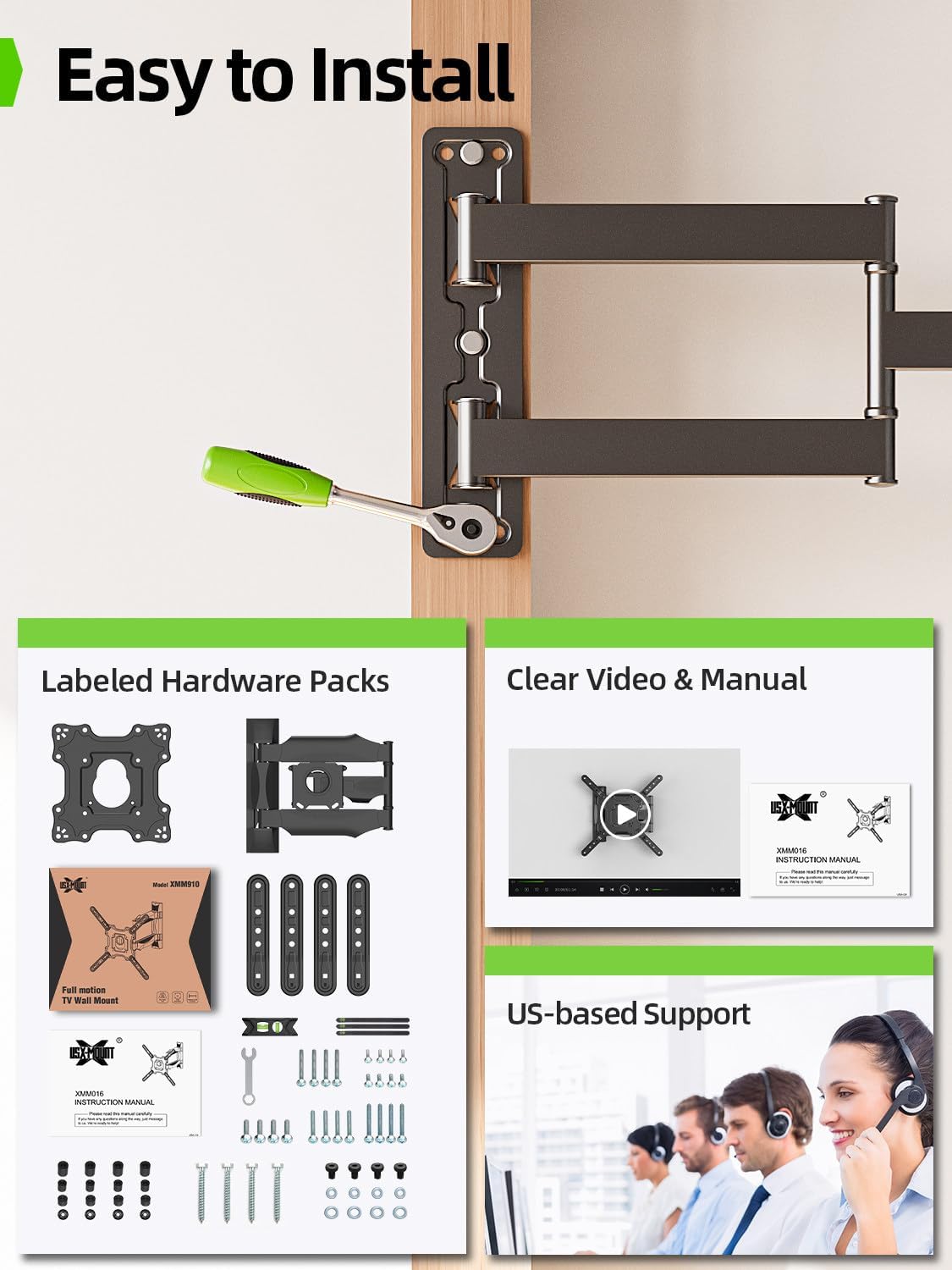 USX MOUNT Full Motion TV Wall Mount for 26-60 Inch TV up to 77 Lbs, 19.44 Inch Long Arm TV Wall Bracket, Sinlge Stud Articulating TV Mount, Smooth Swivel and Extension, Max VESA 400x400 mm