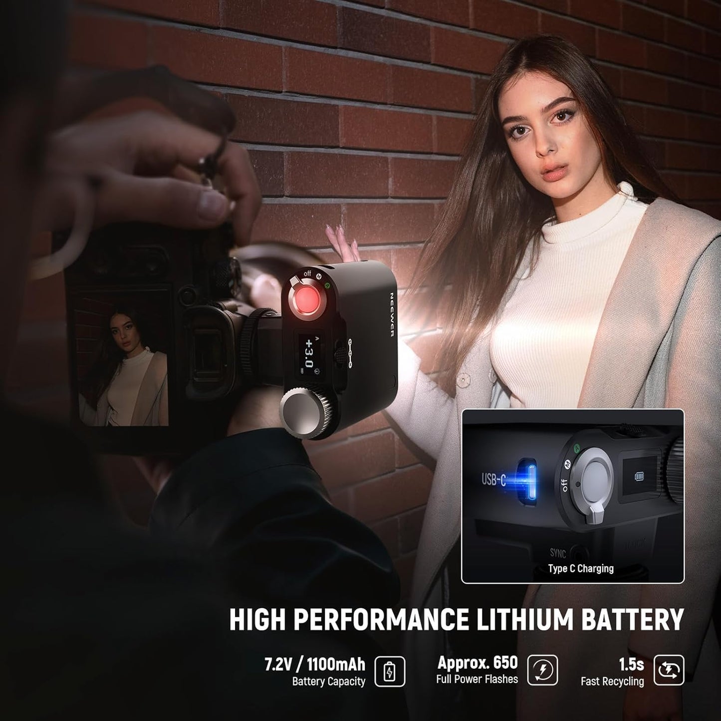 NEEWER Z160 Camera Flash, 22Ws GN14 6000±200K CCT Speedlite, A/M Mode 1/1-1/128 Power, 7.2V/1100mAh Battery, 650 Full Power Light, 1.5s Recycling, Compatible with Canon Nikon Sony Fuji Olympus Cameras