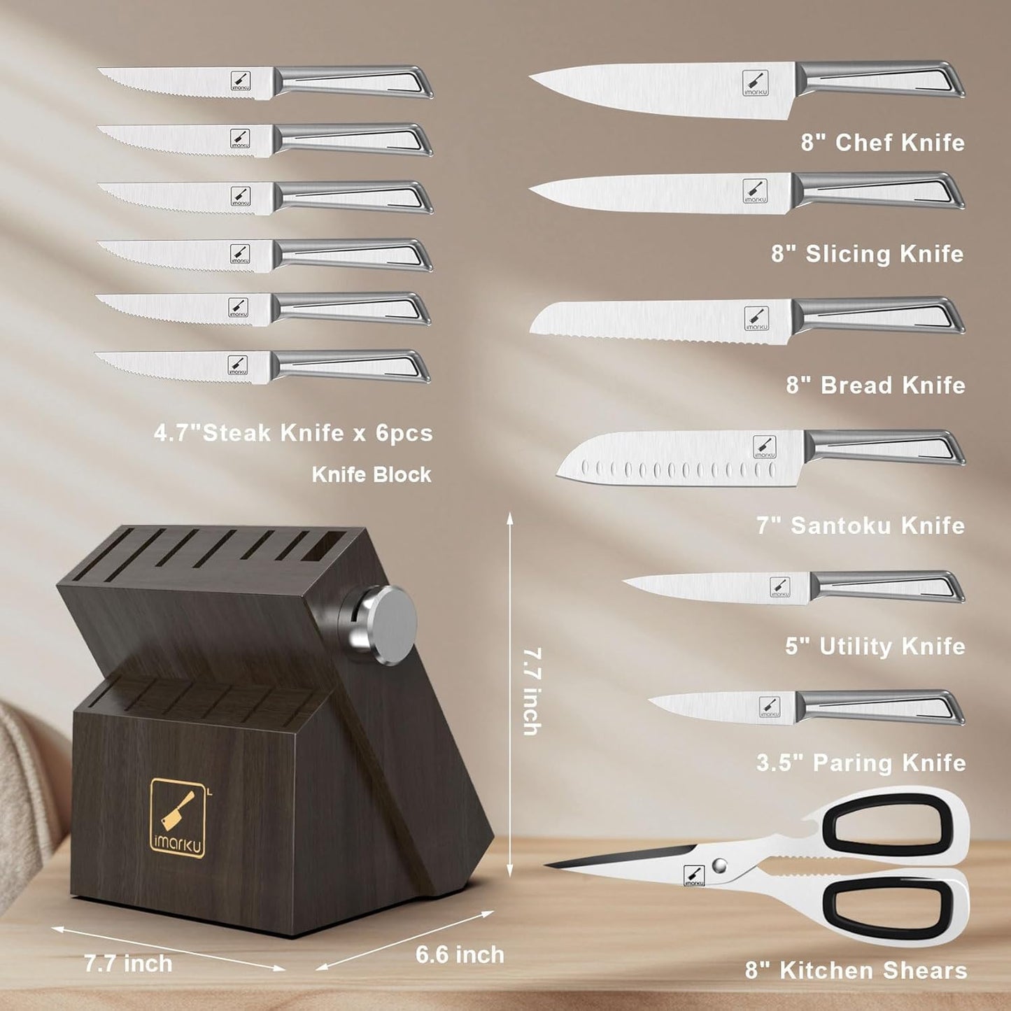 Knife Sets for Kitchen with Block imarku Japanese Knife Set Stainless Steel Kitchen with Block 14pcs, Built-in Sharpener, Sharp Knife Block Set with Non-Slip Ergonomic Handles - Dishwasher Safe