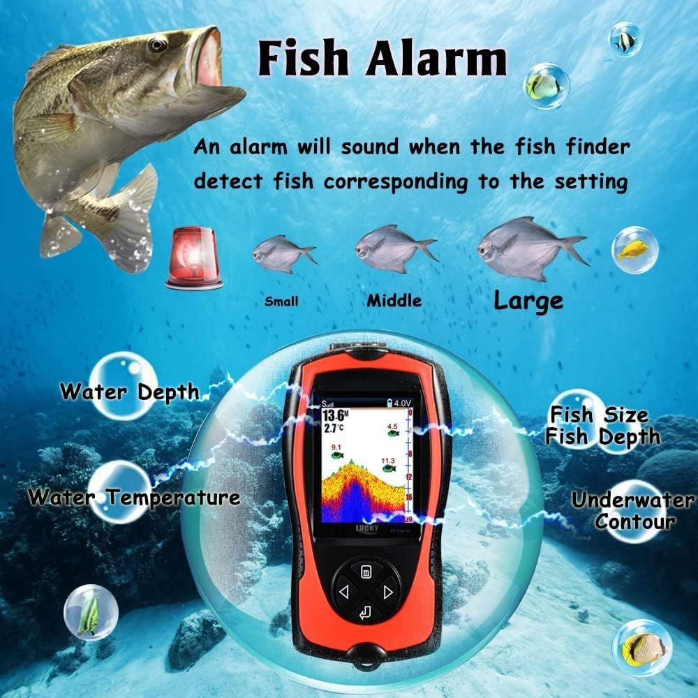 LUCKYLAKER Portable Fish Finder Transducer Sonar Sensor 147 Feet Water Depth Finder LCD Screen Echo Sounder Fishfinder with Fish Attractive Lamp for Ice Fishing Sea Fishing