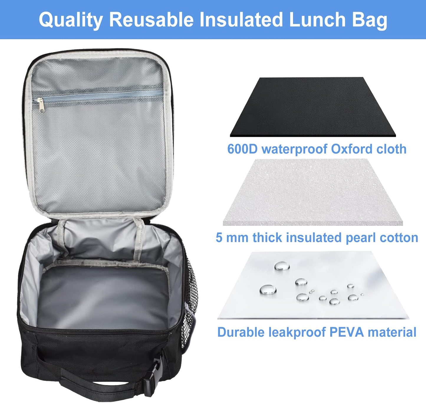 Insulated Lunch Bag, Leakproof Portable Lunch Box for Women Men Boys Girls, Large Capacity Cooler Bag with Handle and Bottle Pocket for Office School Camping Hiking Outdoor Beach Picnic (Black)
