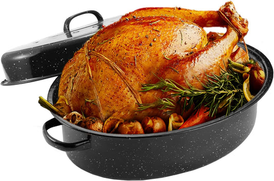 JY COOKMENT Granite Roaster Pan, 18” Enameled Roasting Pan with Domed Lid. Oval Turkey Roaster Pot, Broiler Pan Great for Turkey, Chicken, Lamb, Vegetable. Dishwasher Safe Cookware Fit for 18Lb Turkey