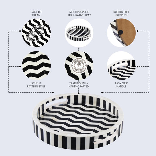Handicrafts Home 12” Round Black & White Decorative Tray – Athens Dinami Resin Inlay Coffee Table & Ottoman Tray, Centerpiece Tray for Kitchen, Living Room, Bedroom & Home Décor - PuriLite