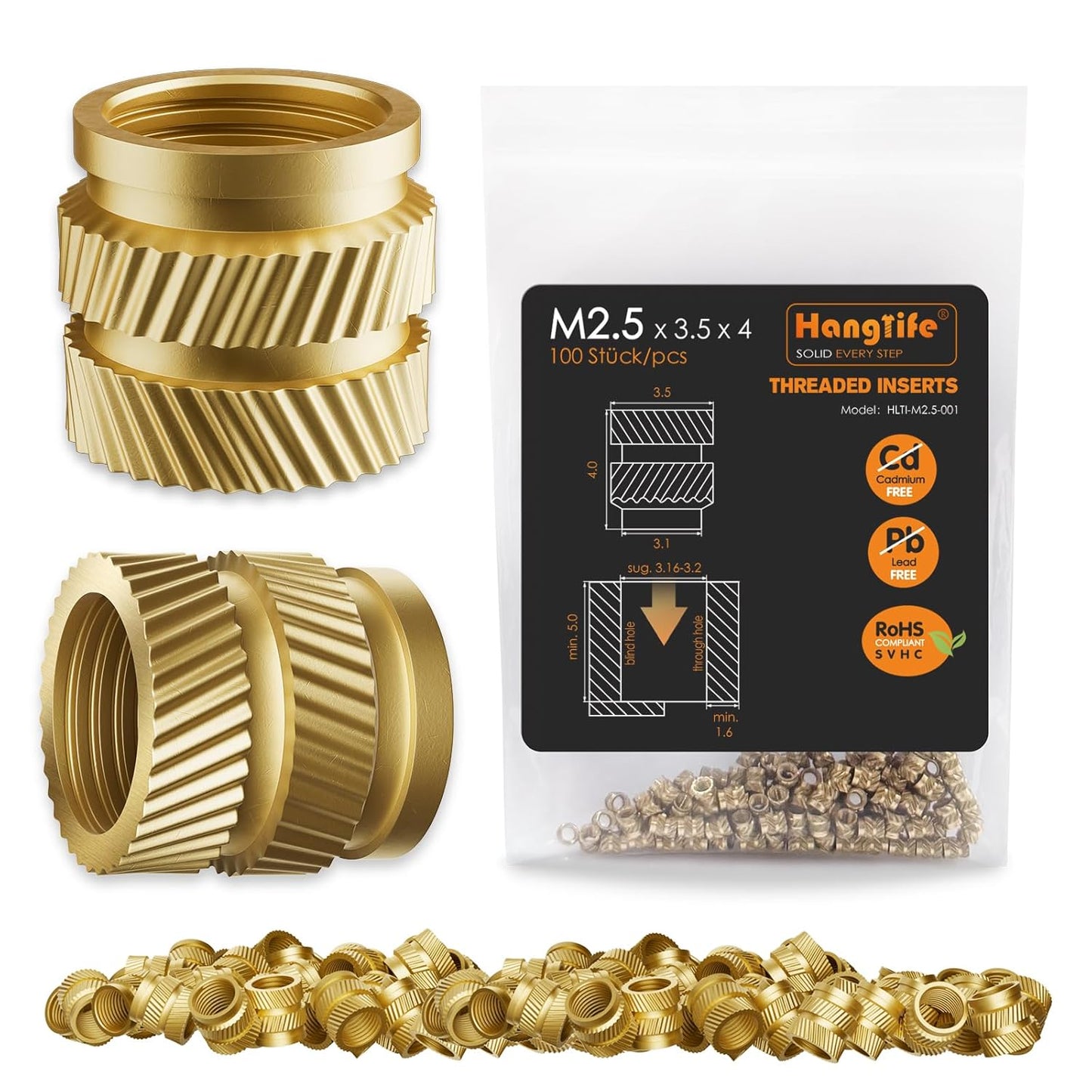 HANGLIFE Heat-Set Threaded Inserts, M3 Heat Set Insert for 3D Printing Components and Plastic Parts - Brass Metric Knurled Nuts (100 Pieces)