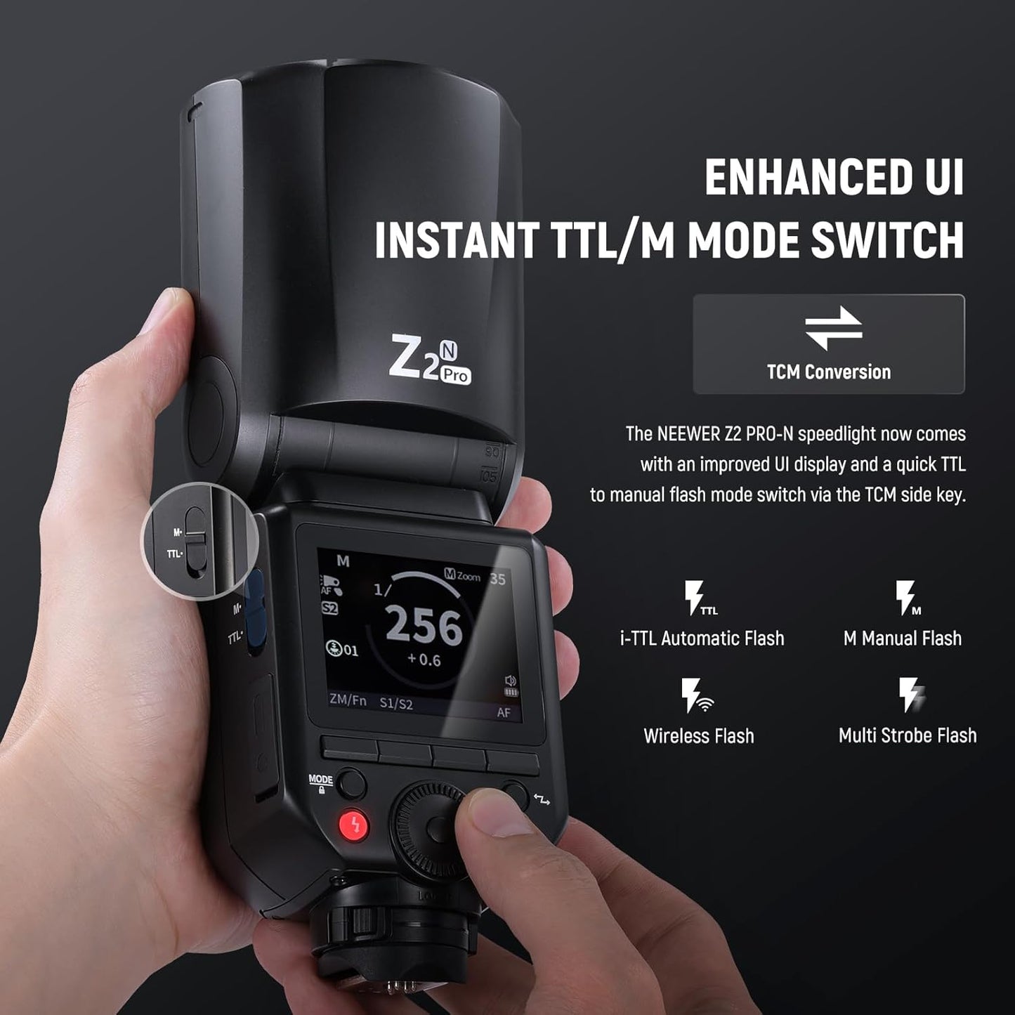 NEEWER Z2PRO-C 2.4G TTL Round Head Flash Speedlite Compatible with Canon, Wireless Compatible with Godox, Upgraded UI, 76Ws 1/8000s HSS, TTL/M TCM Switch, 7.2V/3000mAh Battery, 600 Full Power Flash