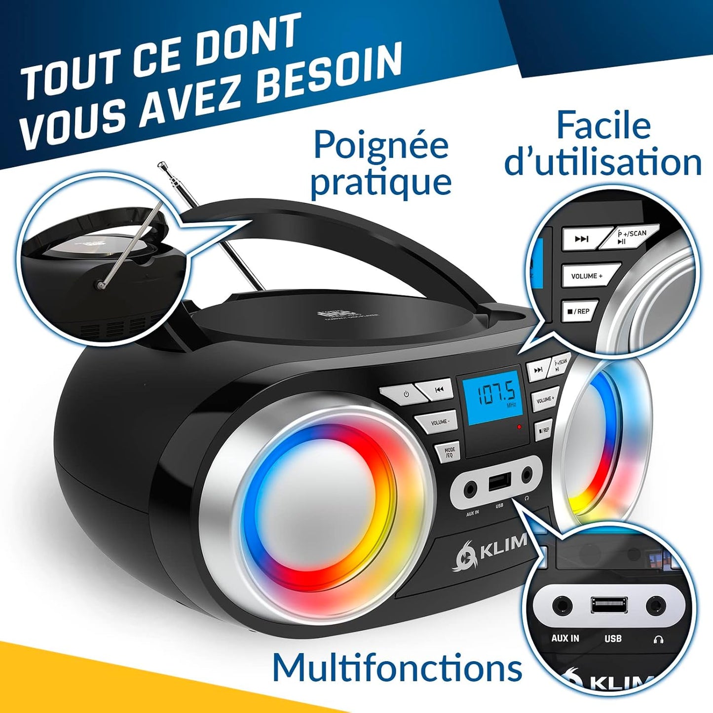 KLIM B3 Portable CD Player Boombox with FM Radio, Bluetooth, USB, AUX, and FM Radio Dual Speakers, EQ Sound Effects, 20 Preset Stations, Compact and Lightweight - Black No RGB