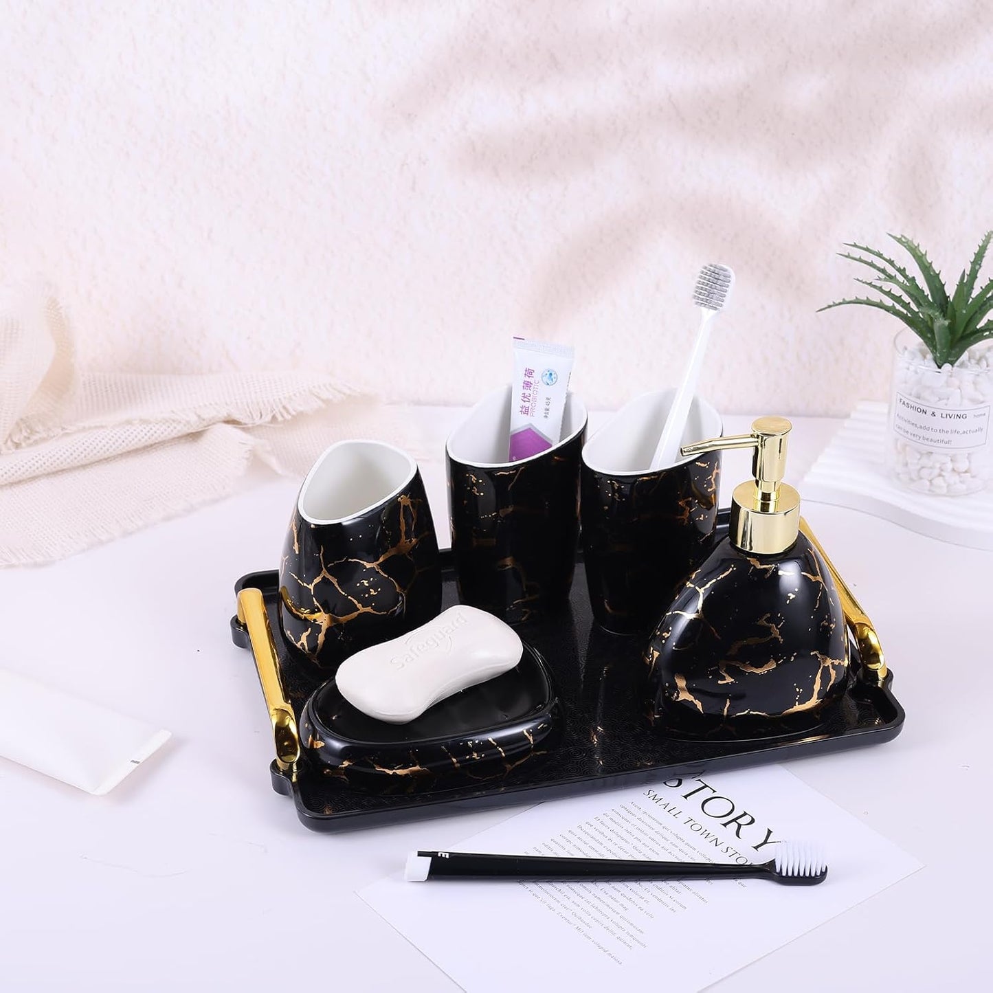 White Bathroom Accessories Set,Modern Countertop Bathroom Decor,Luxury 6 Piece Bathroom Accessory Set,Complete with Soap Dispenser,Toothbrush Holder,Tumbler,Tray