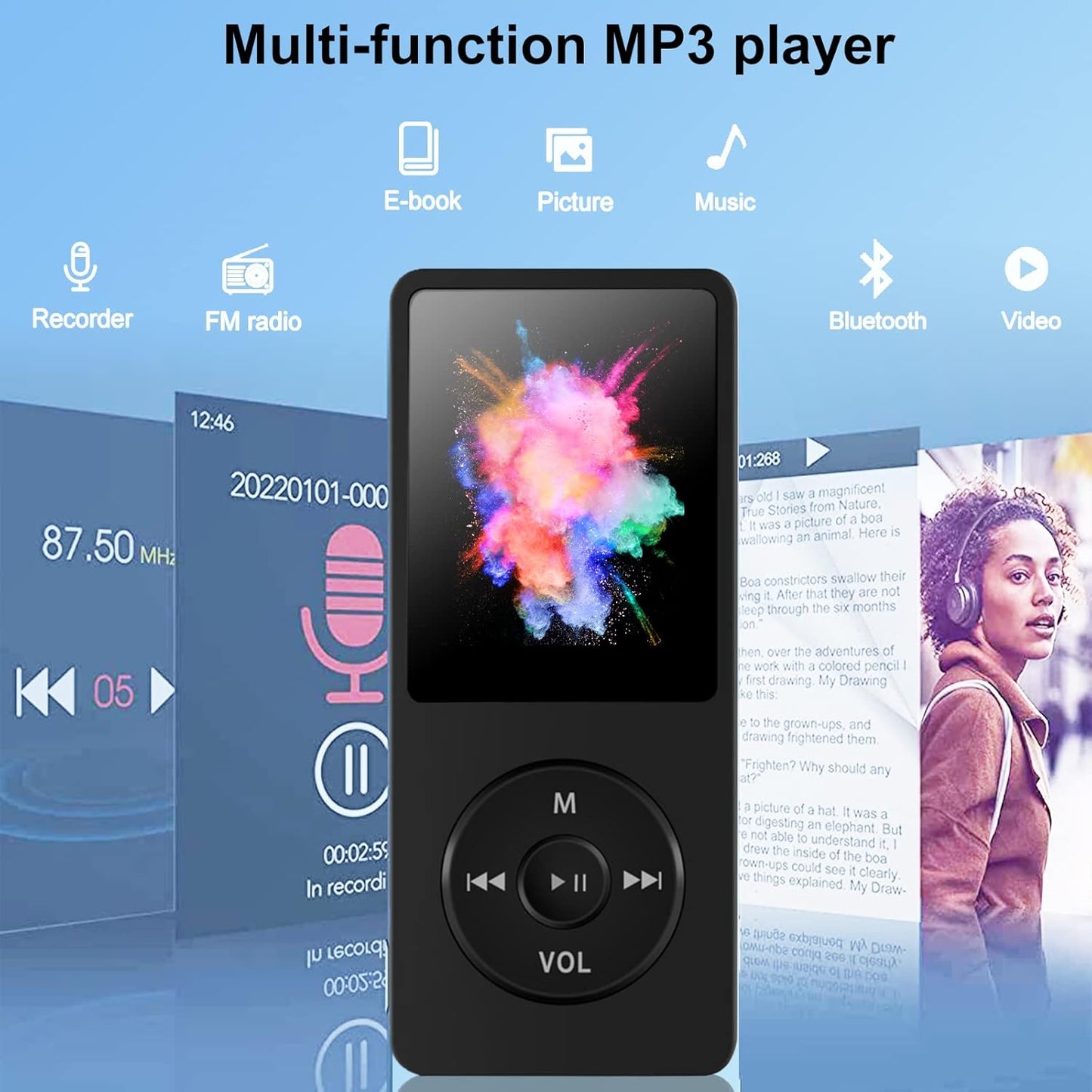 32GB MP3 Player with Bluetooth, Wodgreat Portable HiFi Lossless Music Players with Built-in Speaker for FM/Video/E-Book, Multifunctional Walkman Media Player with TF Card Slot, Support up to 128GB