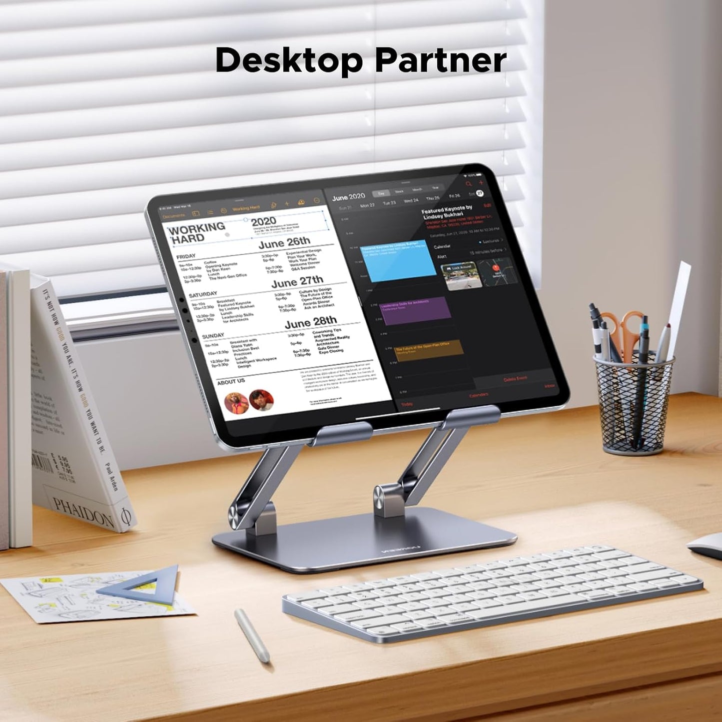 UGREEN Tablet Stand Holder for Desk, Aluminum Desktop Tablet Holder Dock Adjustable Foldable Riser Compatible with iPad Pro 12.9, 9.7, 10.5, iPad Air, iPad mini, Surface Pro, Galaxy Tab, Silver