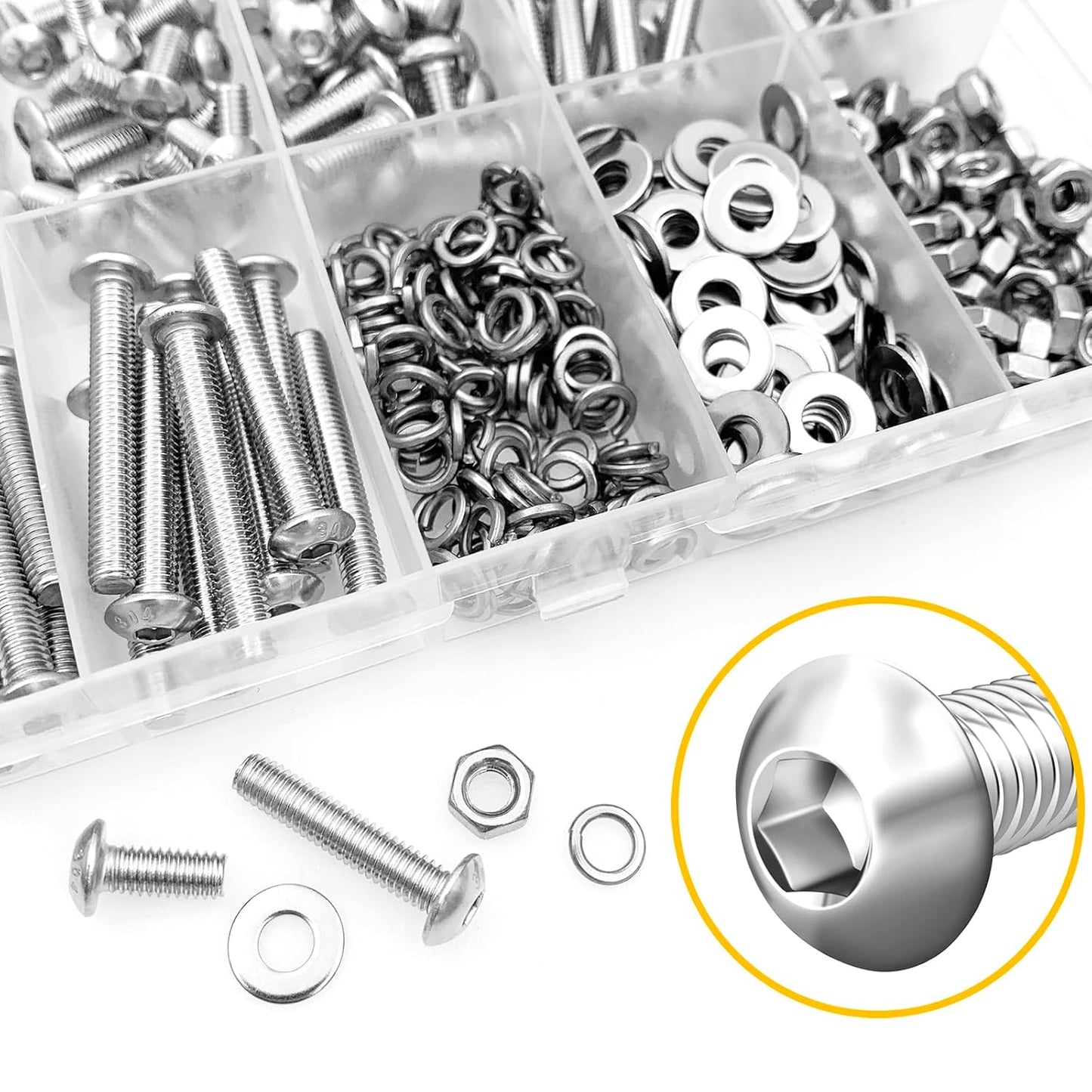 Mywish 900Pcs Metric Screw Assortment, M3 M4 M5 M6 Screw Assortment Kit 304 Stainless Steel Hex Socket Button Head Socket Cap Metric Screws Bolts & Flat Washers/Nuts/Hex Wrenches 16 Sizes 8MM to 20MM