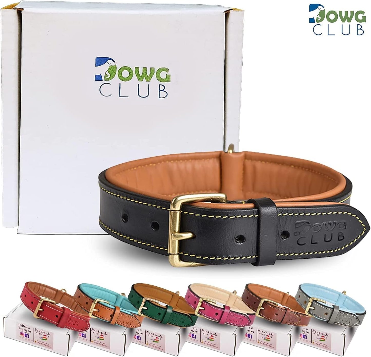 DowgClub | Genuine Leather Dog Collar | Full Grain, Heavy Duty | Comfortable, Strong | Best for Pups, Small, Medium & Large Breeds | Pink, Brown, Black, Tan