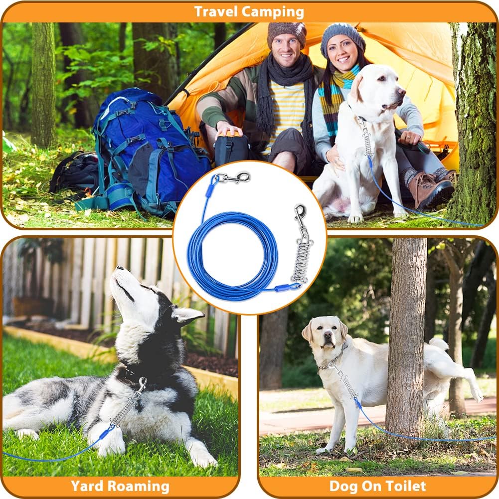 Petbobi Dog Tie-Out Cable 30ft - Outdoor Leash 4mm Metal Cable with Shock Absorbing Spring 360° Swivel Clips, Dog Chain for Yard Camping, Fit Small Medium Large Pets Up to 120lbs, Blue