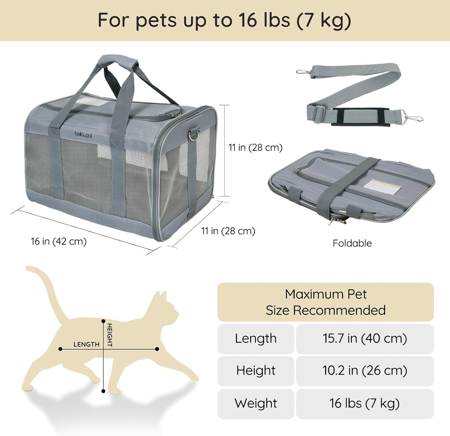 BELLA & PAL Cat Carrier Travel Bag, Airline Approved Lightweight Cat Carrier, Soft Sided Pet Carrier for Puppy Dogs Up to 18lbs, Collapsible Kitten Bag with Removable Waterproof Mat, Ventilated Mesh