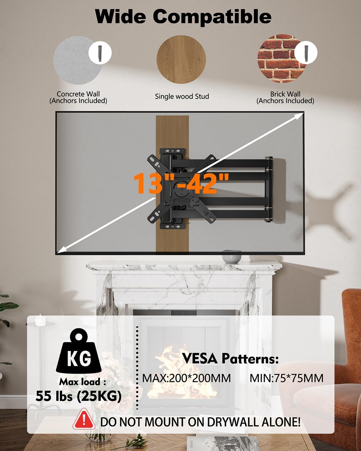 WHYFONE Long Arm Corner TV Monitor Wall Mount with 40.78" Extension for Most 13-43inch TVs Monitors, Full Motion Articulating Triple Arm Foldable, Max VESA 200x200mm, Vertical TV Mount