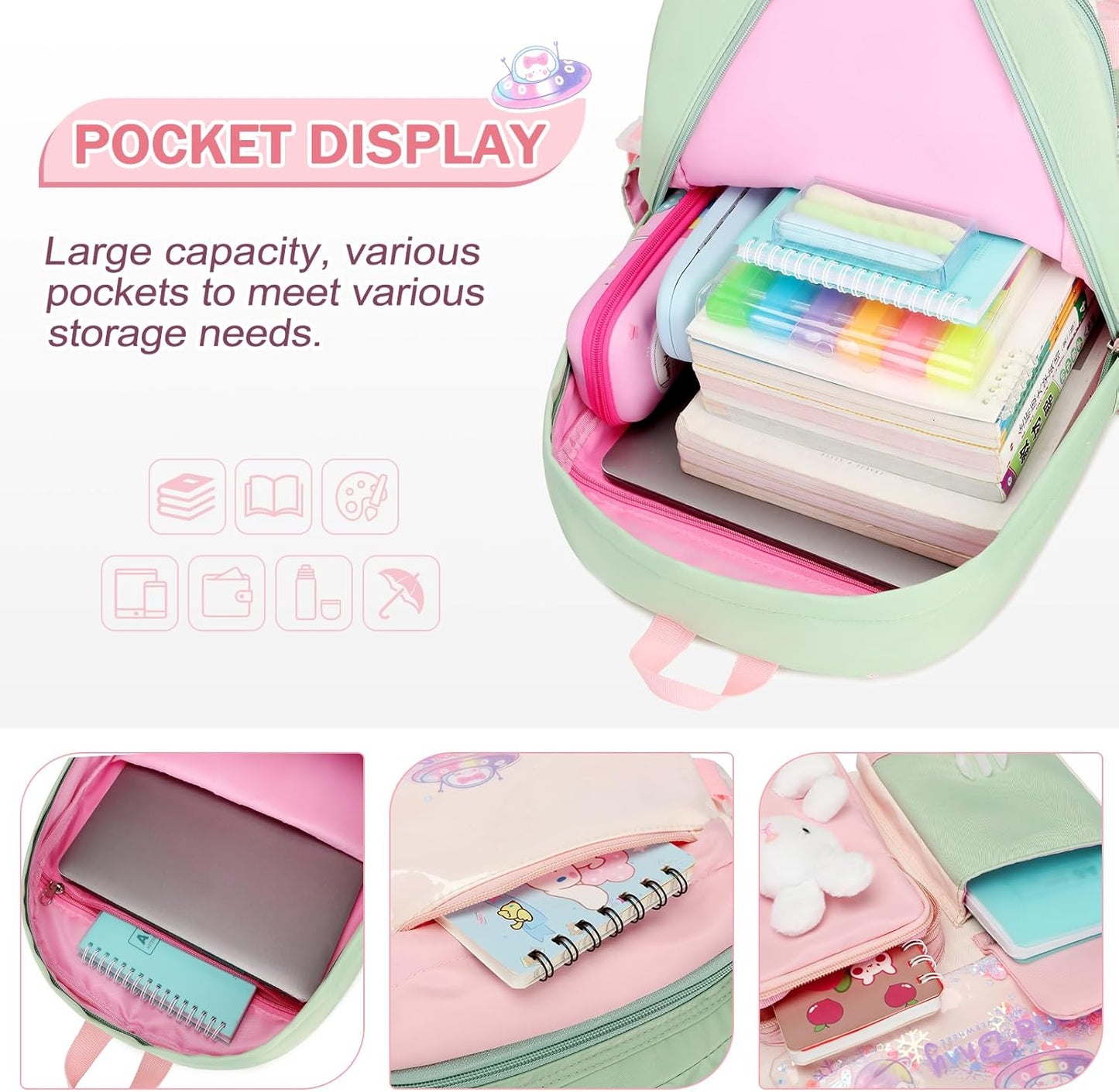 FIXITOK Girls Backpack Set, 3PCS Kids Backpack for Girls, Kawaii Bunny School Backpacks for Girl Kindergarten Elementary Preschool Middle School Bags with Lunch Box Pencil Case Aquamarine