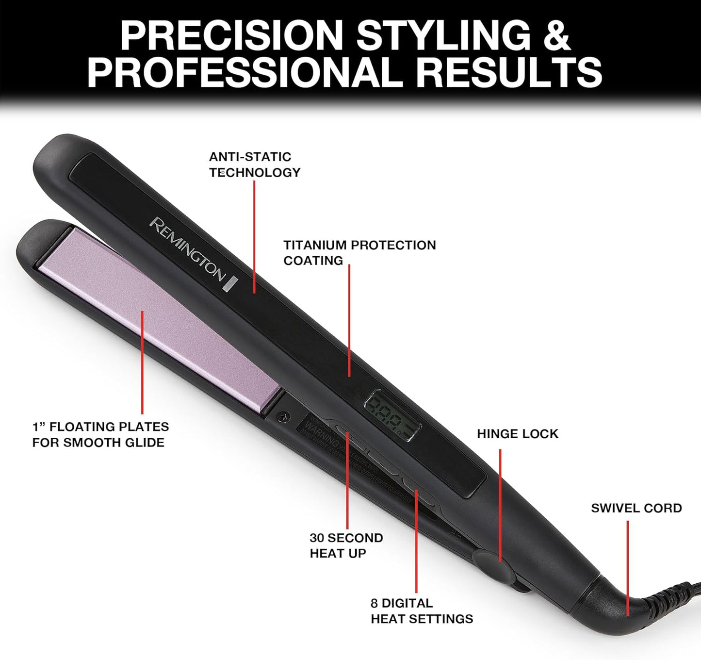 Remington 1" Anti-Static Flat Iron with Floating Ceramic Plates and Digital Controls, Hair Straightener, Purple, S5500