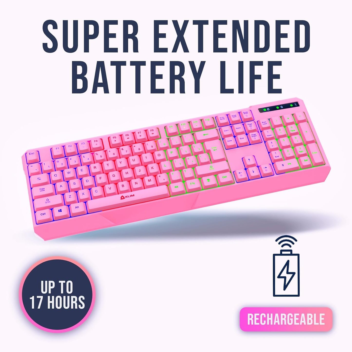 KLIM Chroma Wireless Gaming Keyboard RGB New - Long-Lasting Rechargeable Battery - Quick and Quiet Typing - Water Resistant Backlit Wireless Keyboard for PC PS5 PS4 Mac - Black