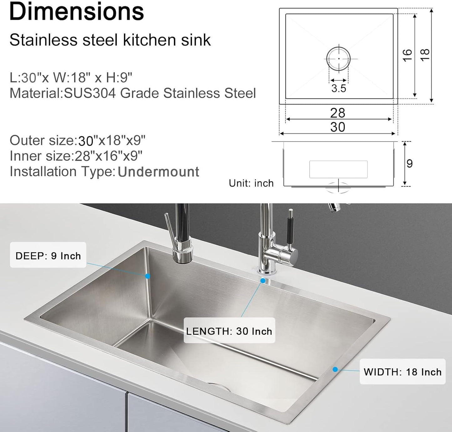 MENATT 20-inch Undermount Kitchen Sink, SUS304 Stainless Steel Handmade Single Bowl Kitchen Sink with Sink Strainer (Brushed), 20"x16"x9"