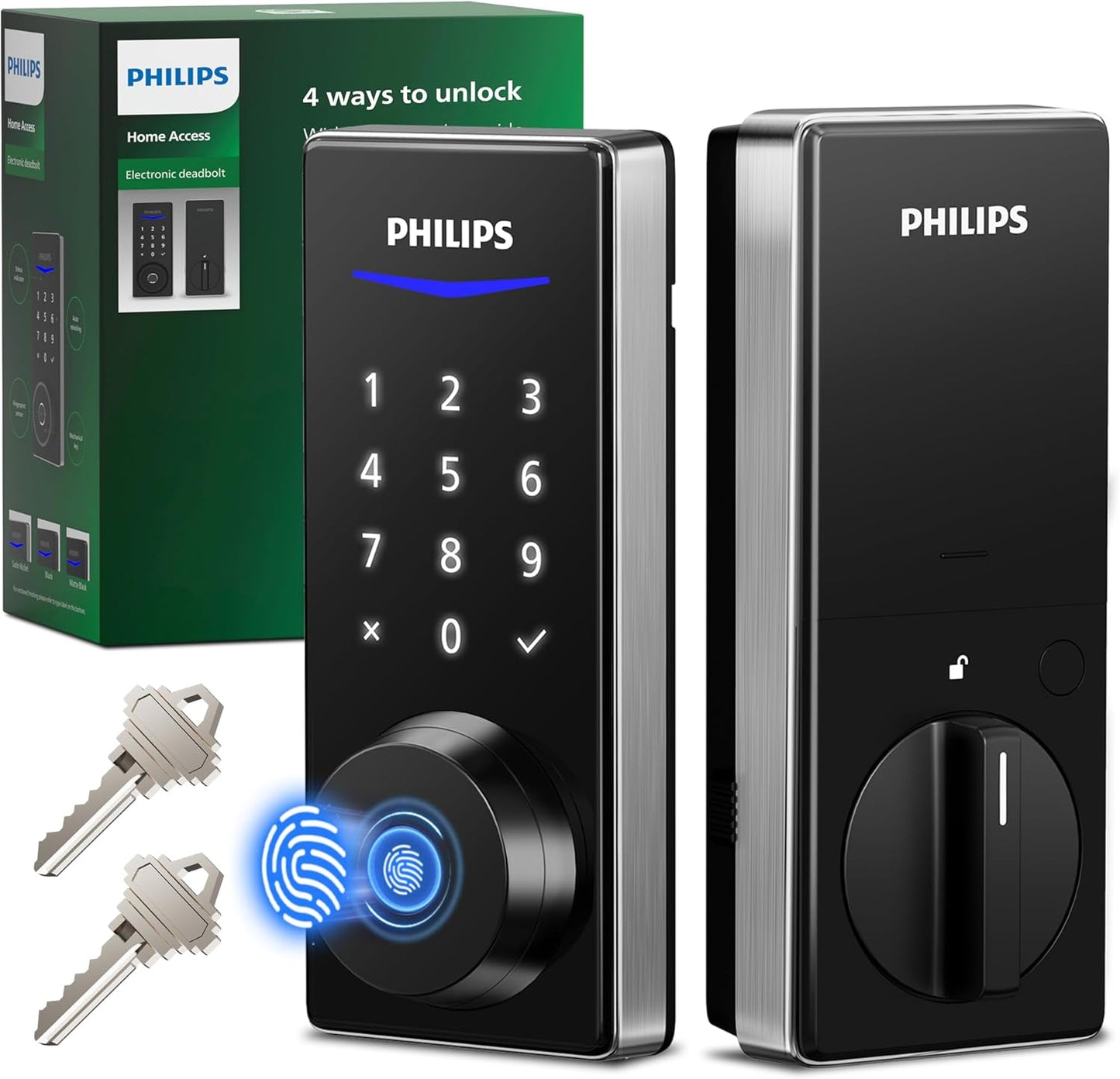 Philips Fingerprint Keyless Entry Door Lock, Electronic Door Lock with Touchscreen, Long-Lasting Battery, Auto Locking, One-Time Code, Keypad Deadbolt, One-Touch Locking, Matte Black