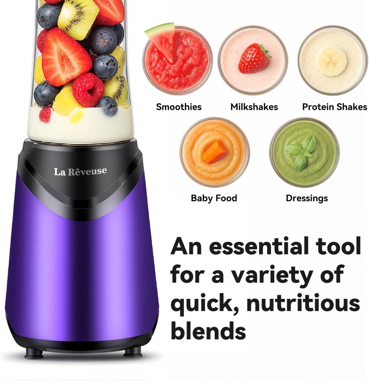 La Reveuse Smoothies Blender Personal Size 300 Watts with 2 Pieces 18 oz BPA Free Portable Travel Sports Bottles (Silver 2 Cups)