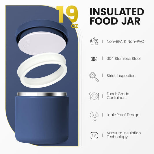 19 Oz Insulated Food Jar, Buckle Lid Wide Mouth Soup Jar, Leakproof Stainless Steel Lunch Container for School Office Travel, Blue - PuriLite