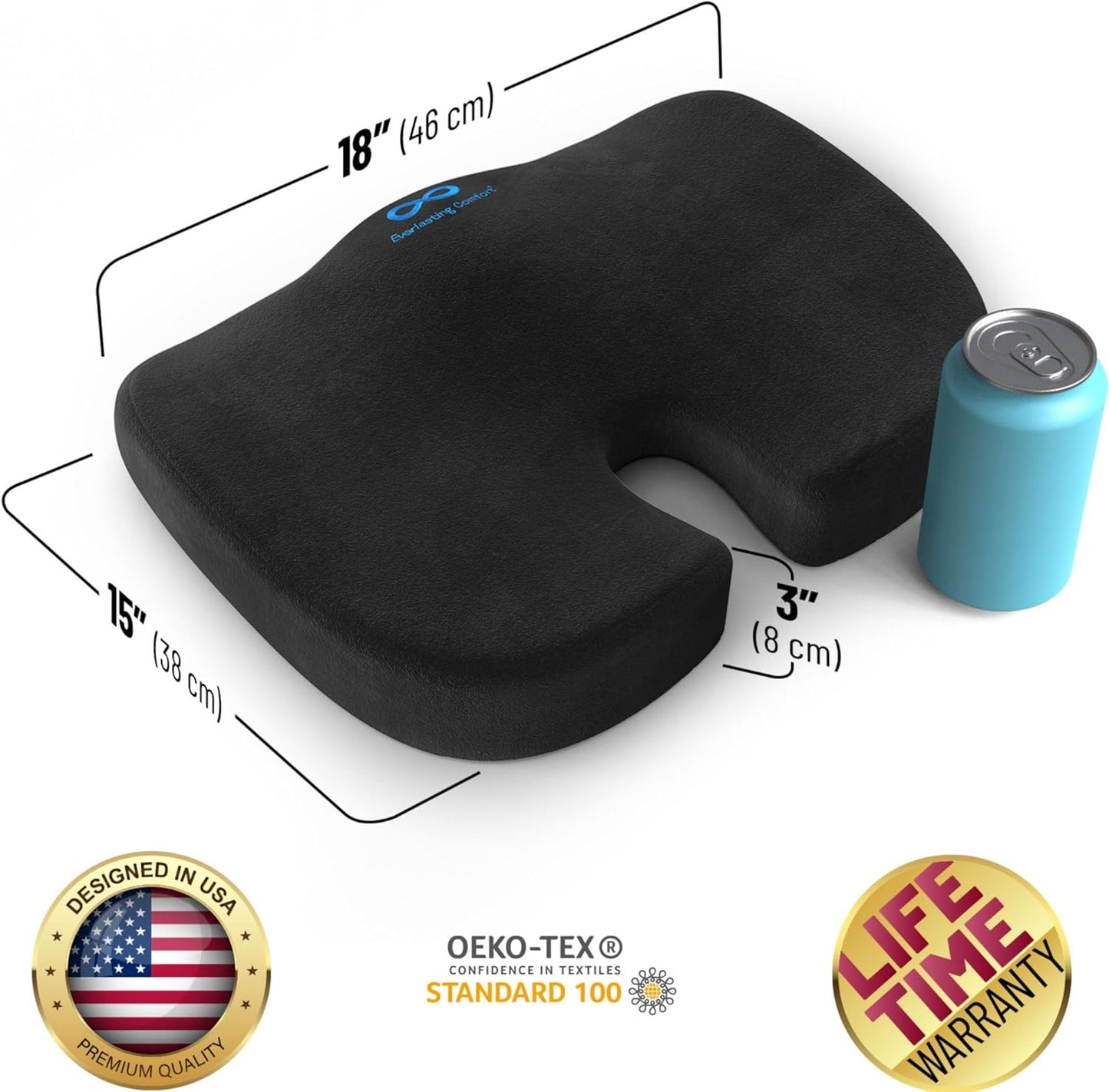 Everlasting Comfort Memory Foam Seat Cushion - Office Chair Cushion for Work, Travel, Car Support Pillow for Driving - Portable Seat for Chairs and Desks - Coussin Chaise - Black