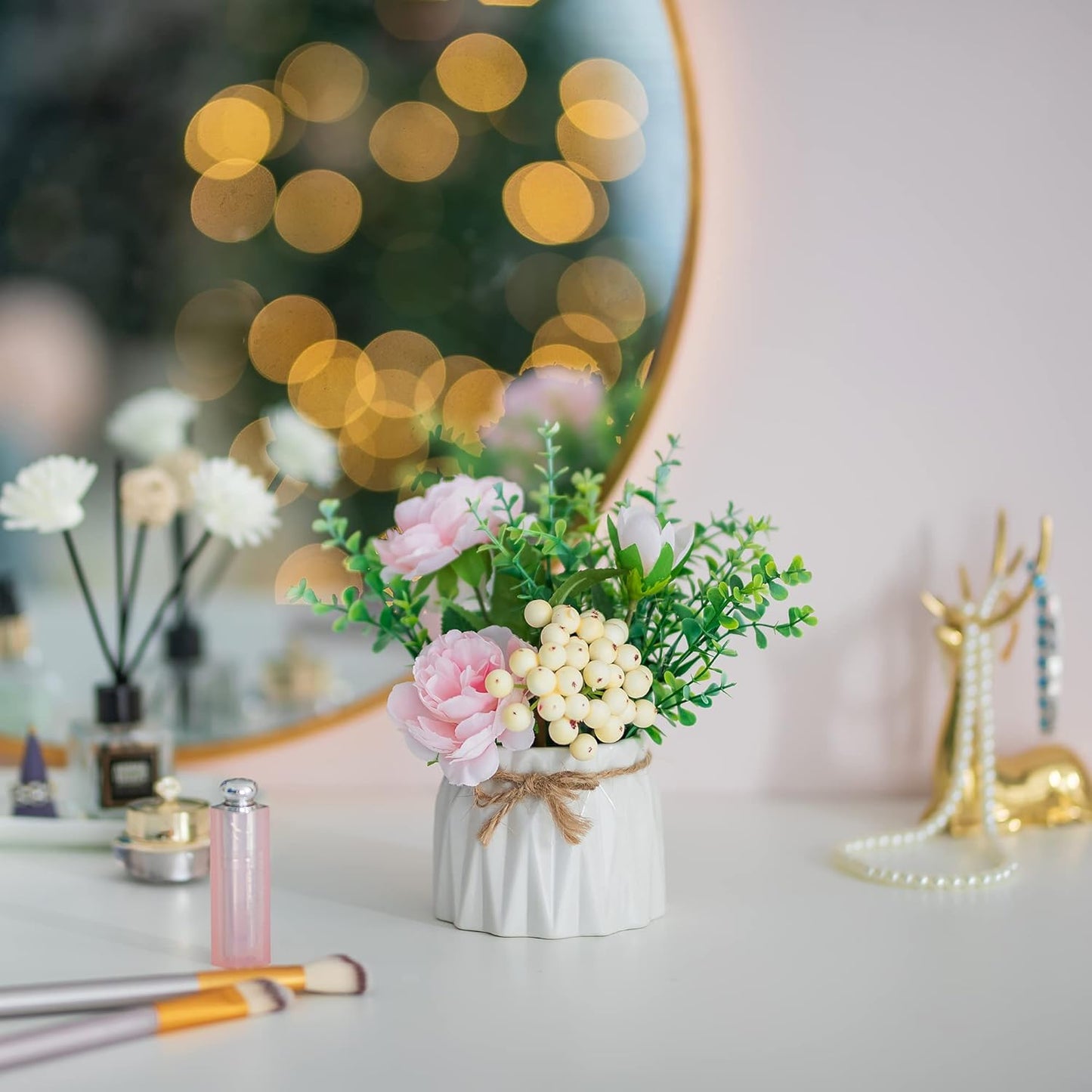 BLOSMON White Fake Flowers with Vase: Small Coffee Table Decor Bathroom Hydrangea Faux Flowers in Vase Office Desk Shelf Home Living Room Bedroom Vanity nightstand Decorations Floral Arrangement