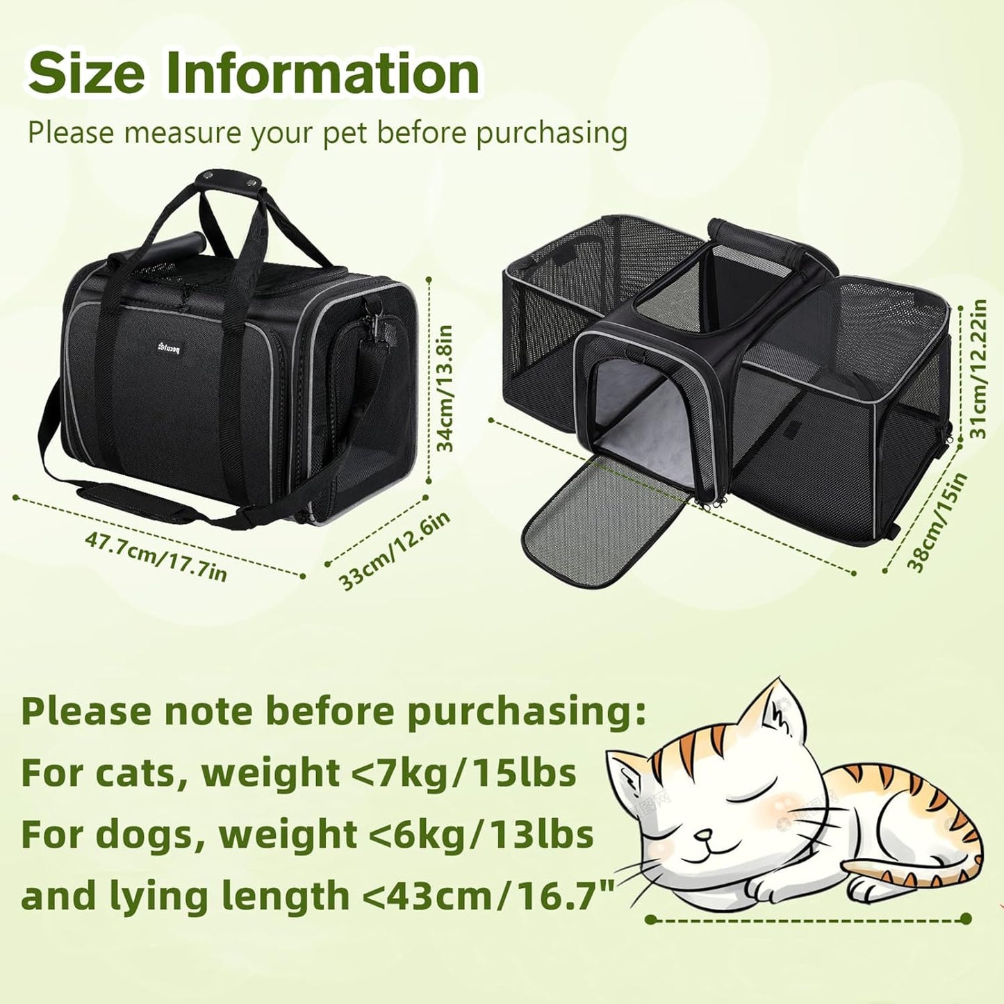 Pecute Cat Carrier Expandable 47x34x33cm, Dog Carrier Foldable, Pet Carrier with Breathable Mesh for Small to Medium Cats and Dogs, Used for Traveling, Camping, Going to The Vet Gray
