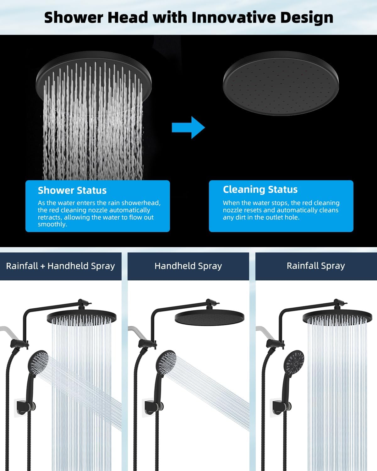 Metal Thickness Shower Head, 10'' High Pressure Rainfall Shower Head/Handheld Showerhead Combo with 12'' Adjustable Shower Extension Arm, 7-Spray, 71'' Hose, Showerhead Holder, Matte Black