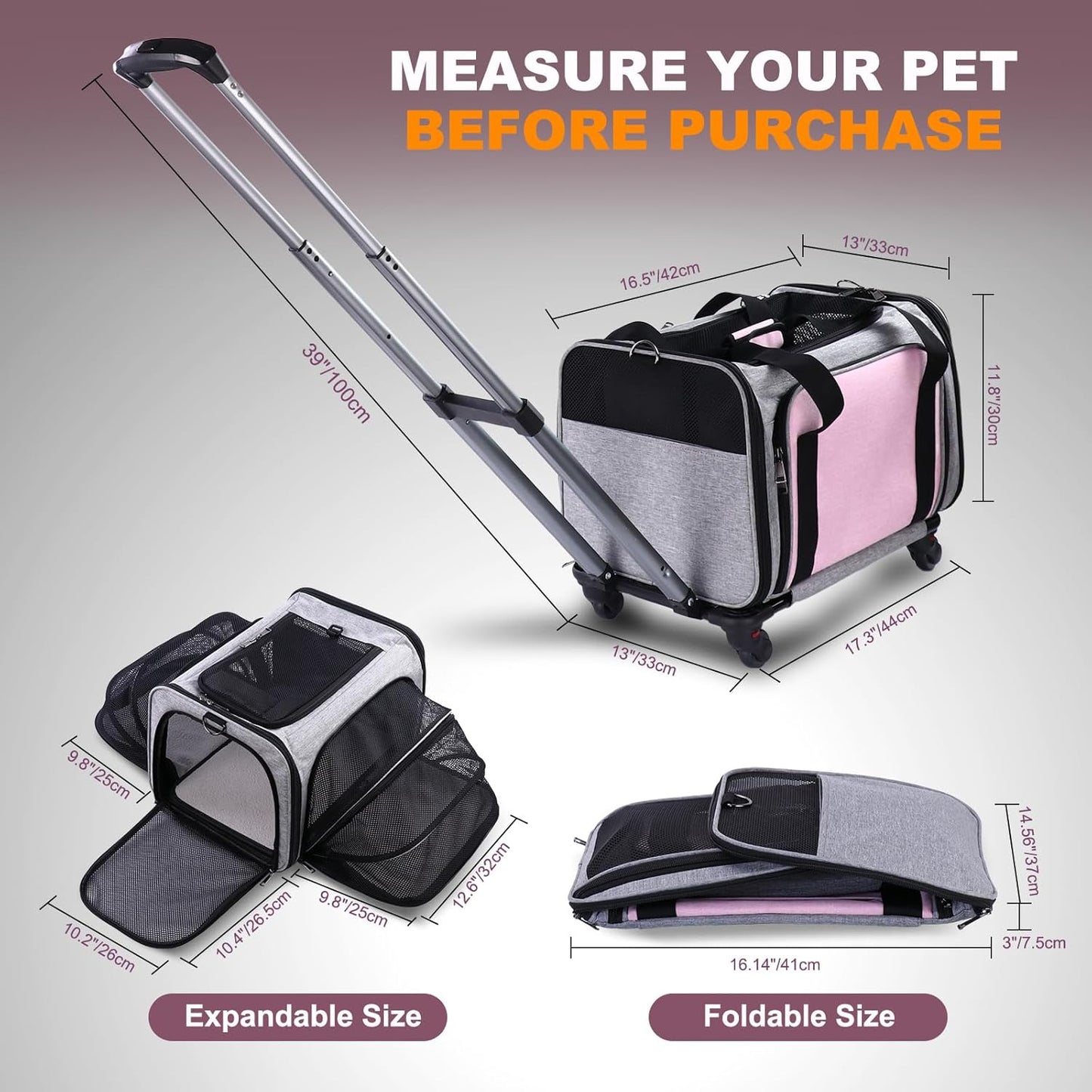 Pet Carrier Airline Approved on Wheels - Two Sided Expandable Cat Soft Carrier for Puppy and Cats Under 26lbs, Rolling Cat Carrier for Airplane, Camping, Outdoor(Pink)