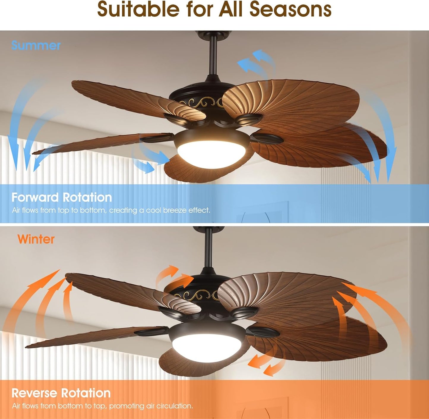 Wiviniya Ceiling Fans with Lights and Remote/APP Control, 44 Inch Tropical Palm Leaf Ceiling Fan with LED Lights, Outdoor Ceiling Fans for Patios Porch, Reversible Quiet Motor, Dimmable, Light Brown