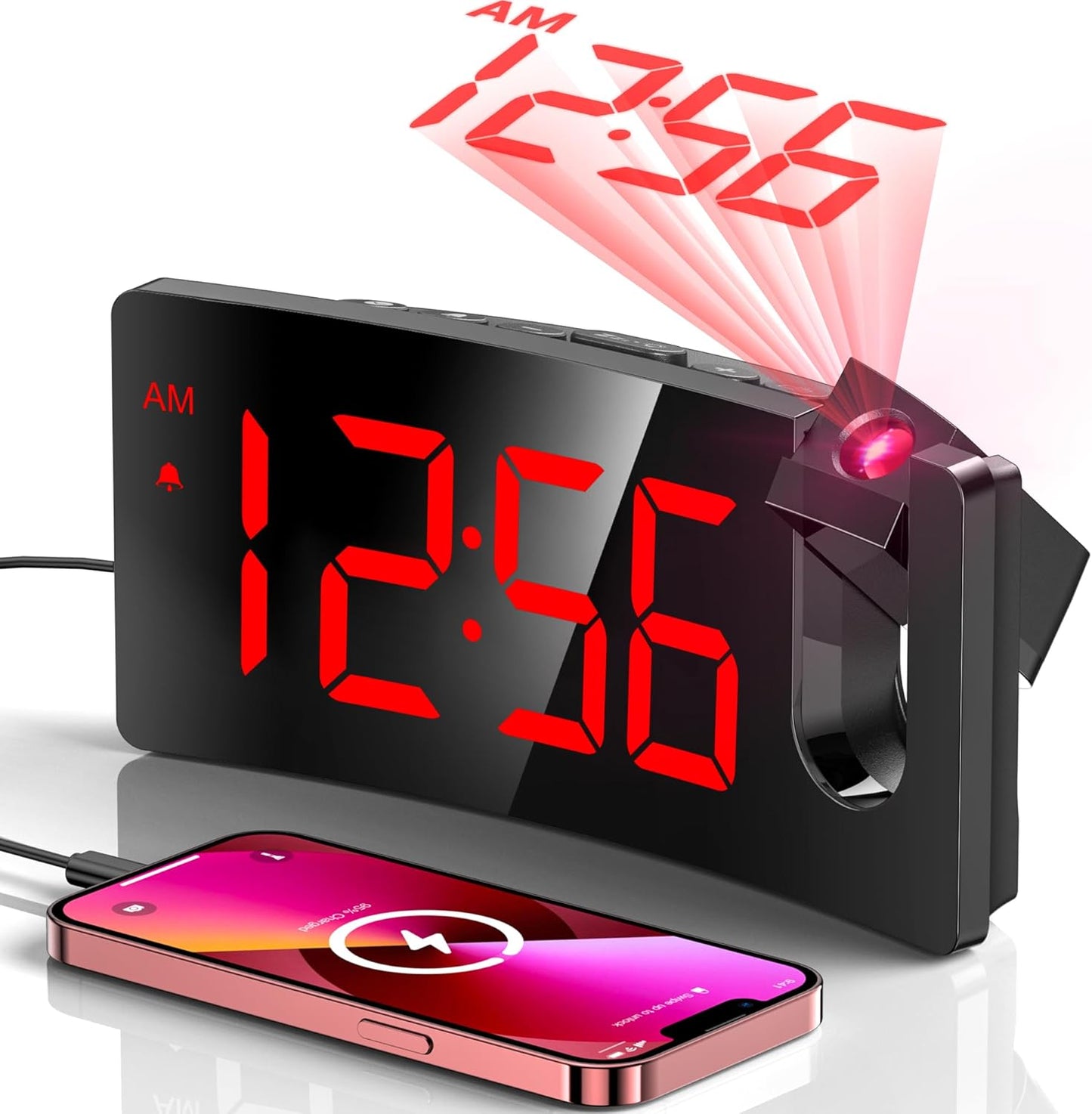 GOLOZA Projection Alarm Clock, Digital Clock with Modern Curved Design 180° Rotatable Projector, 3-Level Brightness Dimmer, Clear Blue LED Display, Progressive Volume, 9mins Snooze,12/24H, for Bedroom