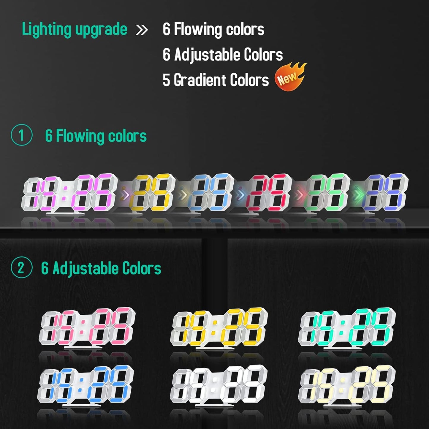 EDUP HOME 3D LED Wall Clock Desk Alarm Clock 7 Colors 9.7" with Remote Control, Digital Alarm Clock Adjustable Brightness Timer 12/24 Hr Time/Date/Temperature for Kid Bedroom/Kitchen/Office