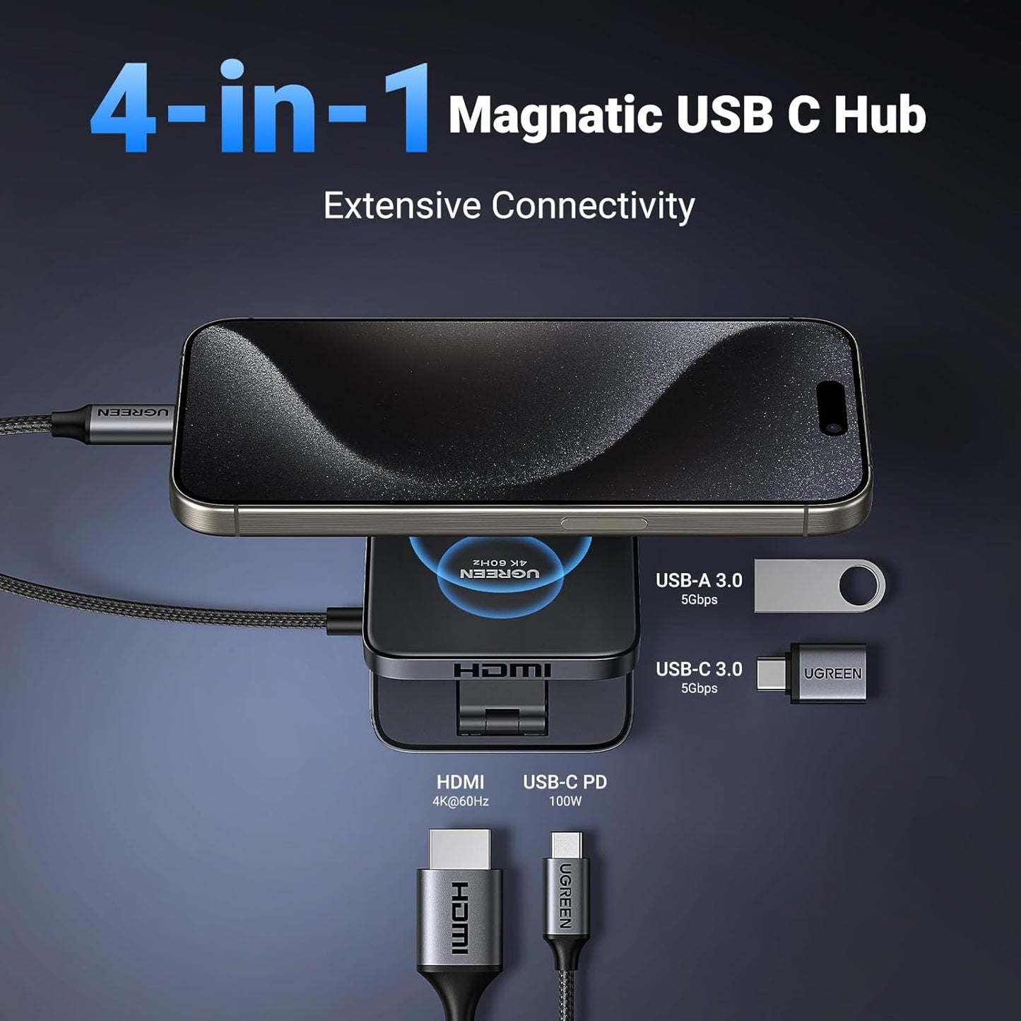 UGREEN USB C Hub, 4-in-1 Magnetic USB C to HDMI Adapter 4K@60Hz, 100W PD Charging, A and C Data Ports, Foldable Portable Adapter for iPhone 15/16 Series, iPad, Galaxy S24 and More